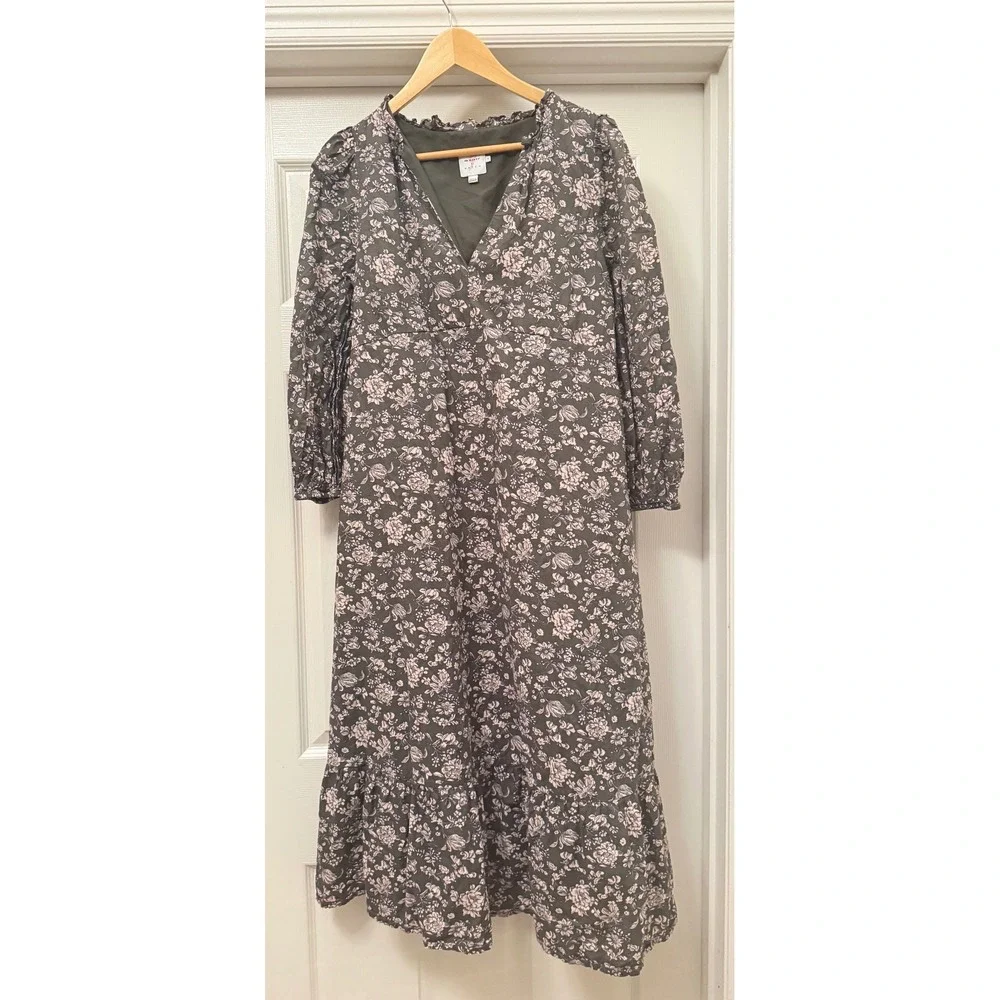 The Nines by Hatch Midi Dress Women Small Olive Green Floral V-Neck Tiered Boho